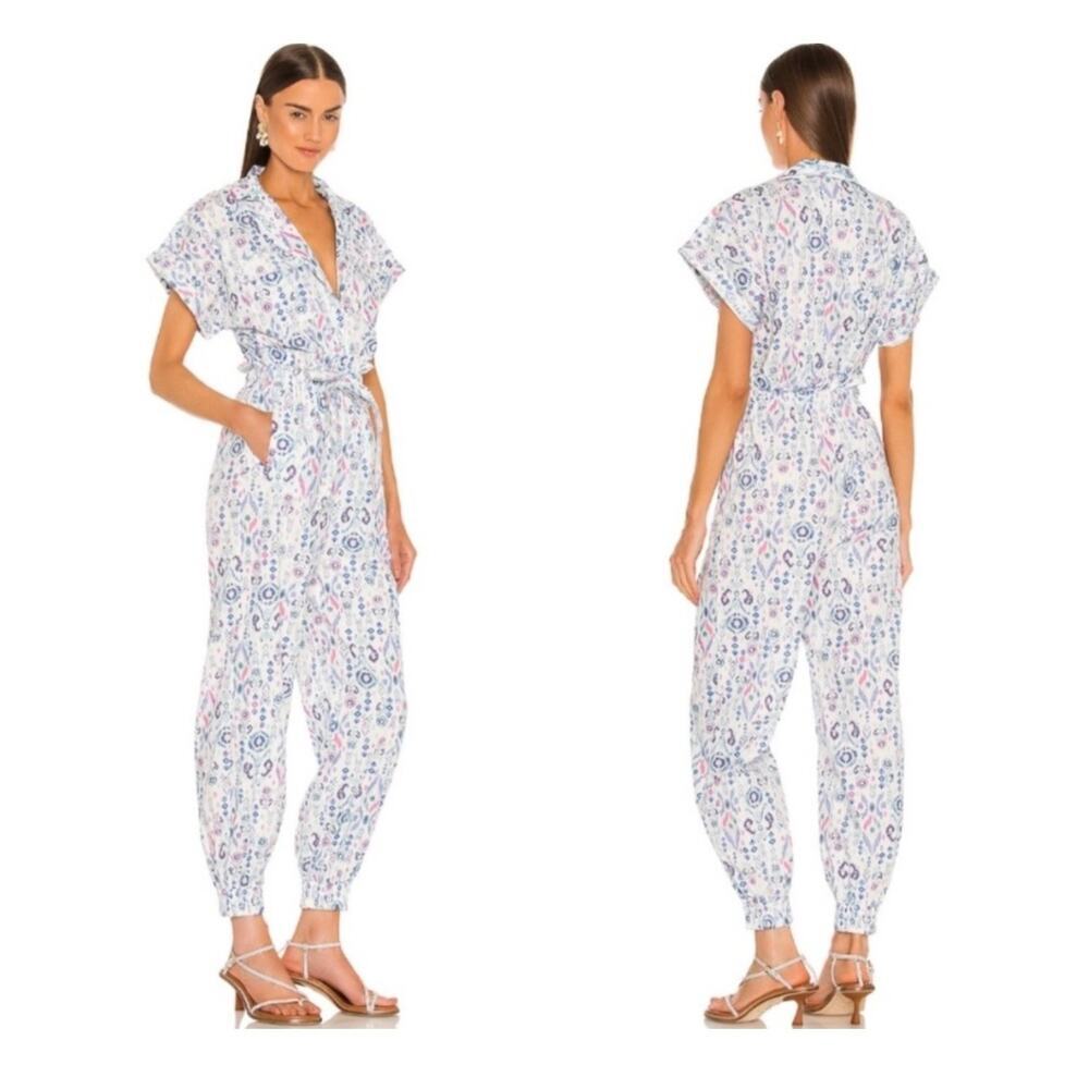 Revolve Rococo Sand Lada Jumpsuit Womens S Blue Ikat Geometric Short Sleeve Wide